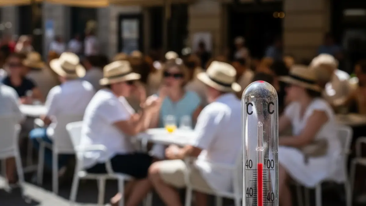 Imagen genérica de un termómetro marcando altas temperaturas con una terraza de fondo.