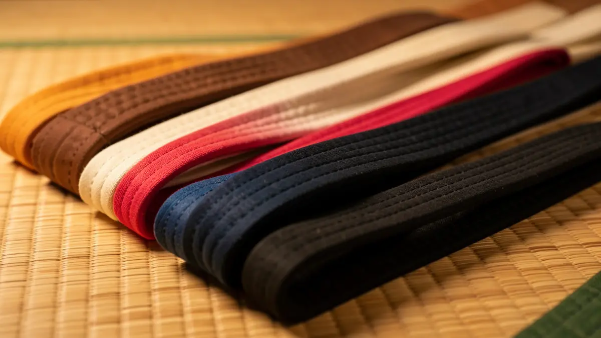 Cinturones de judo de diferentes colores, incluyendo negro, dispuestos sobre un tatami.