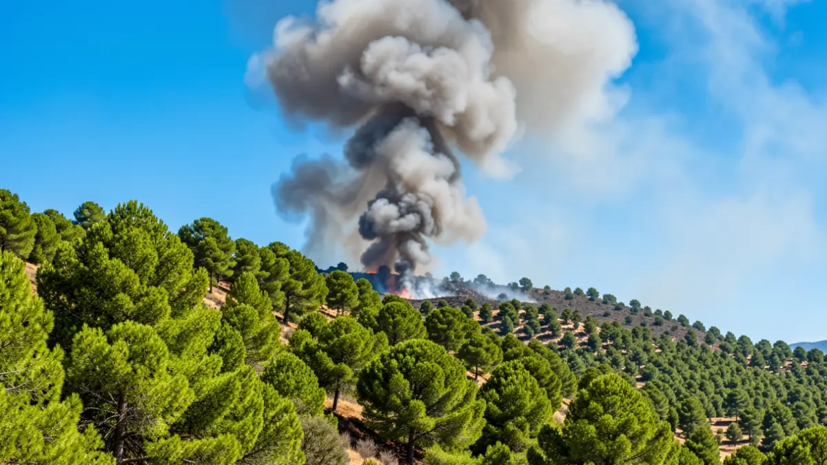 Generic image of wildfire smoke rising from a pine-covered hillside in Andalusia.