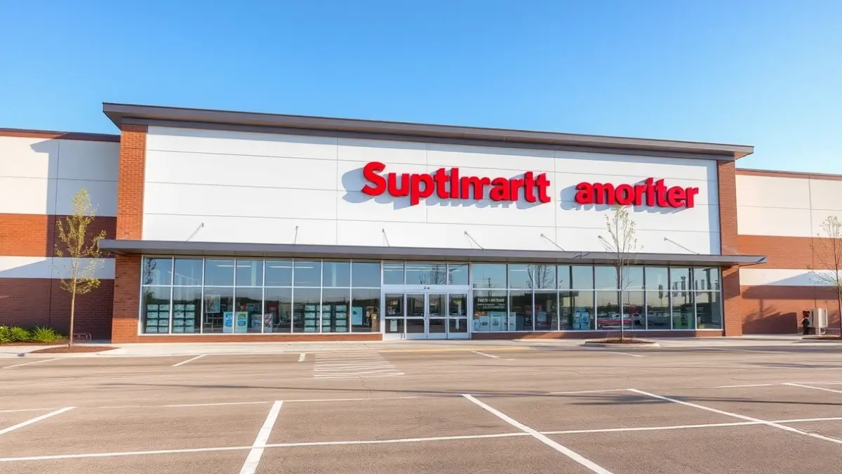 Image of a modern supermarket facade with a large parking lot.