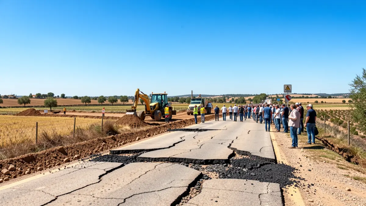 Imagen de obras de reparación en una carretera rural de Andalucía.