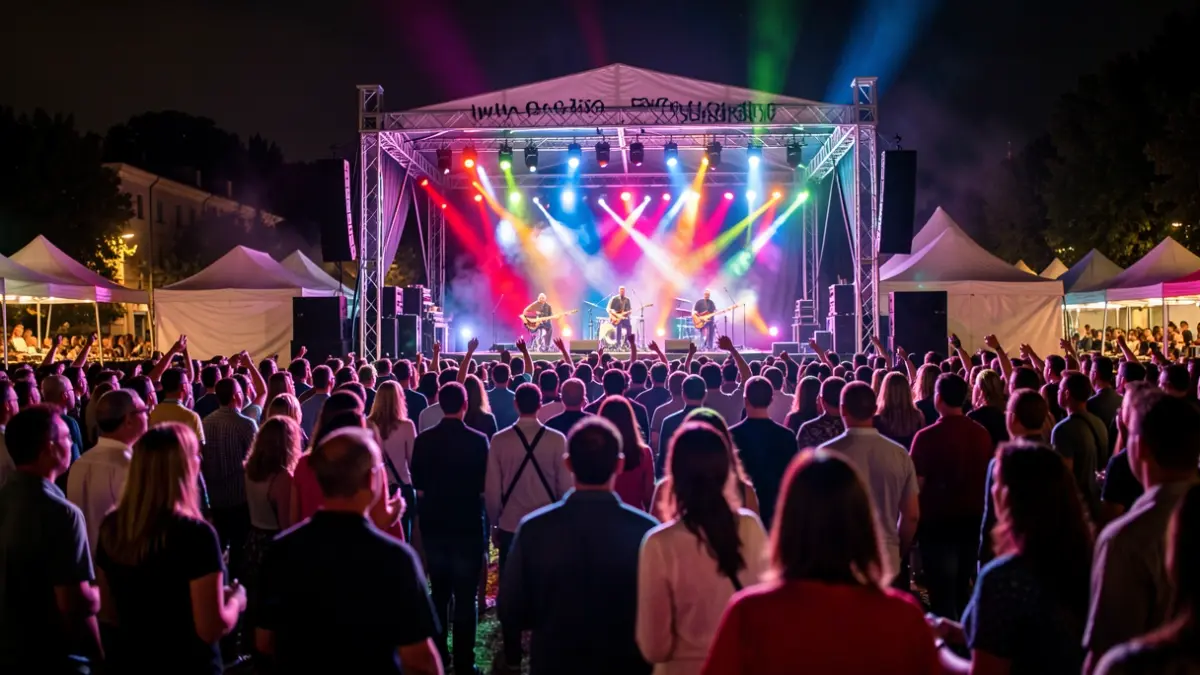 Imagen genérica de un festival de música al aire libre por la noche, con luces de colores y público disfrutando.
