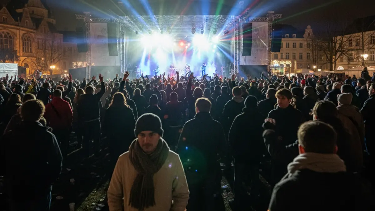 Imagen genérica de un escenario de festival de música con luces y público.