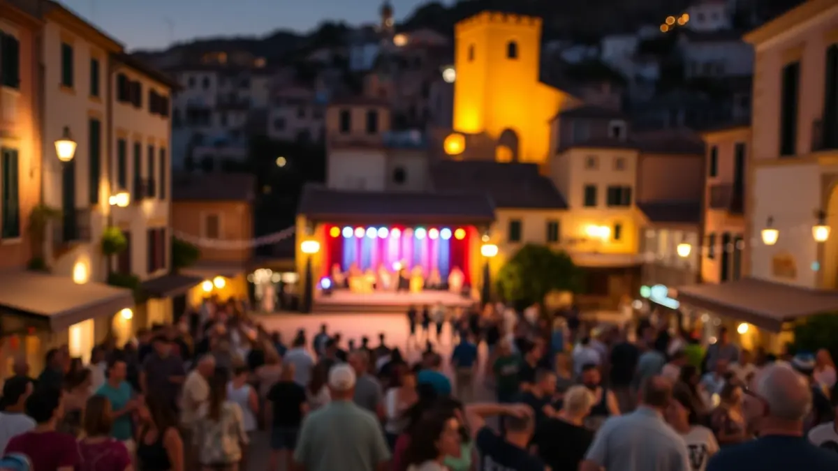 Image of a cultural festival in a historic town square in an Andalusian village.