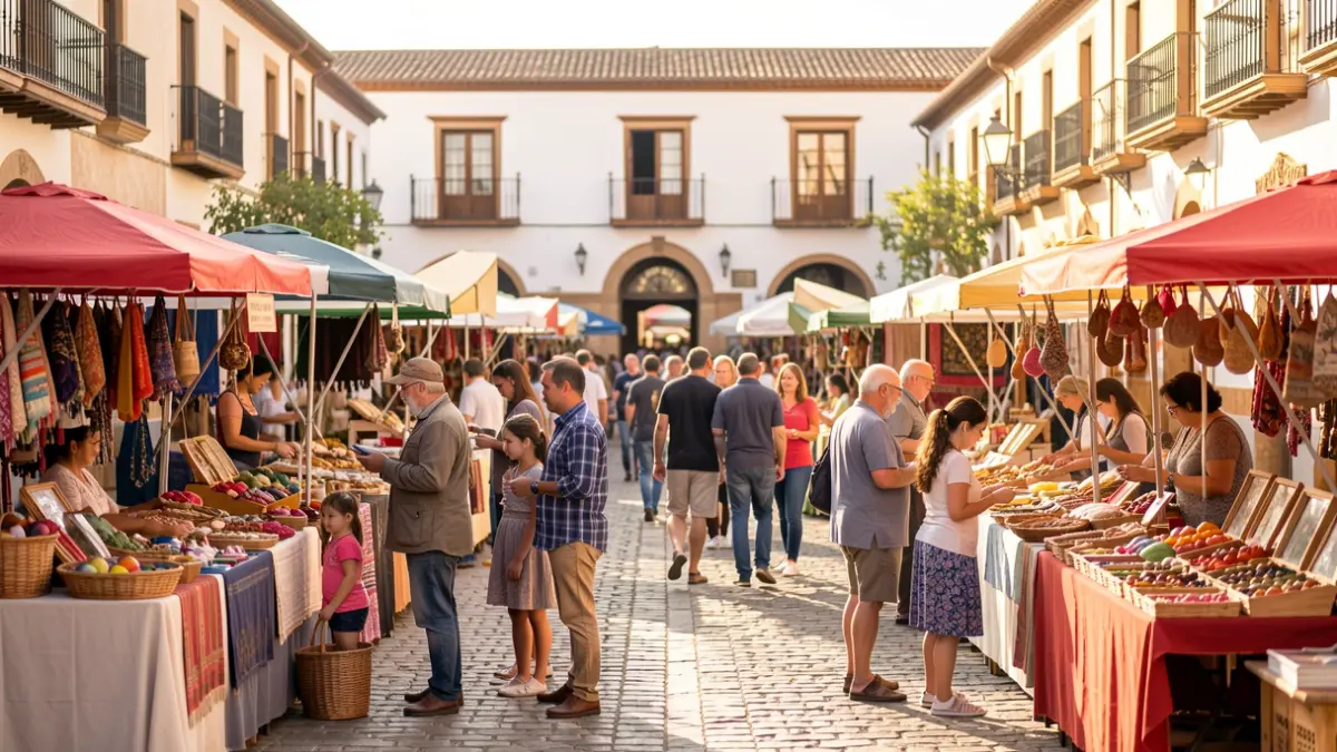 Imagen genérica de una feria de stock en una plaza de Andalucía con puestos y familias.