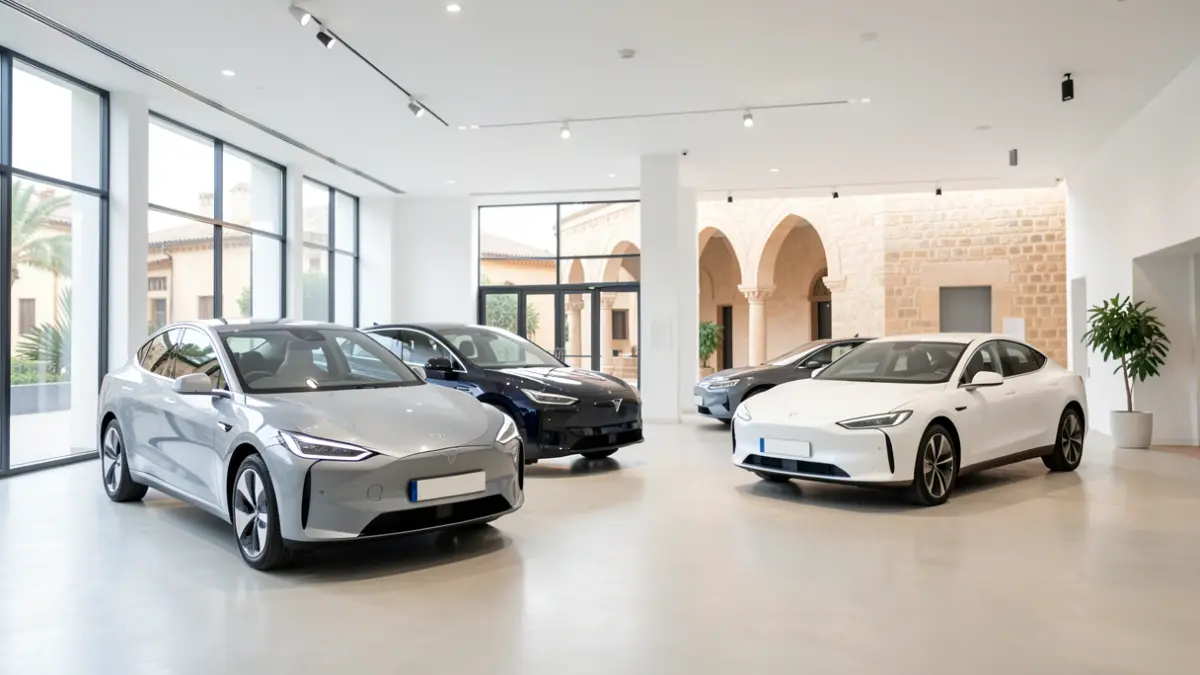 Imagen de un concesionario moderno con vehículos eléctricos y detalles arquitectónicos andaluces.