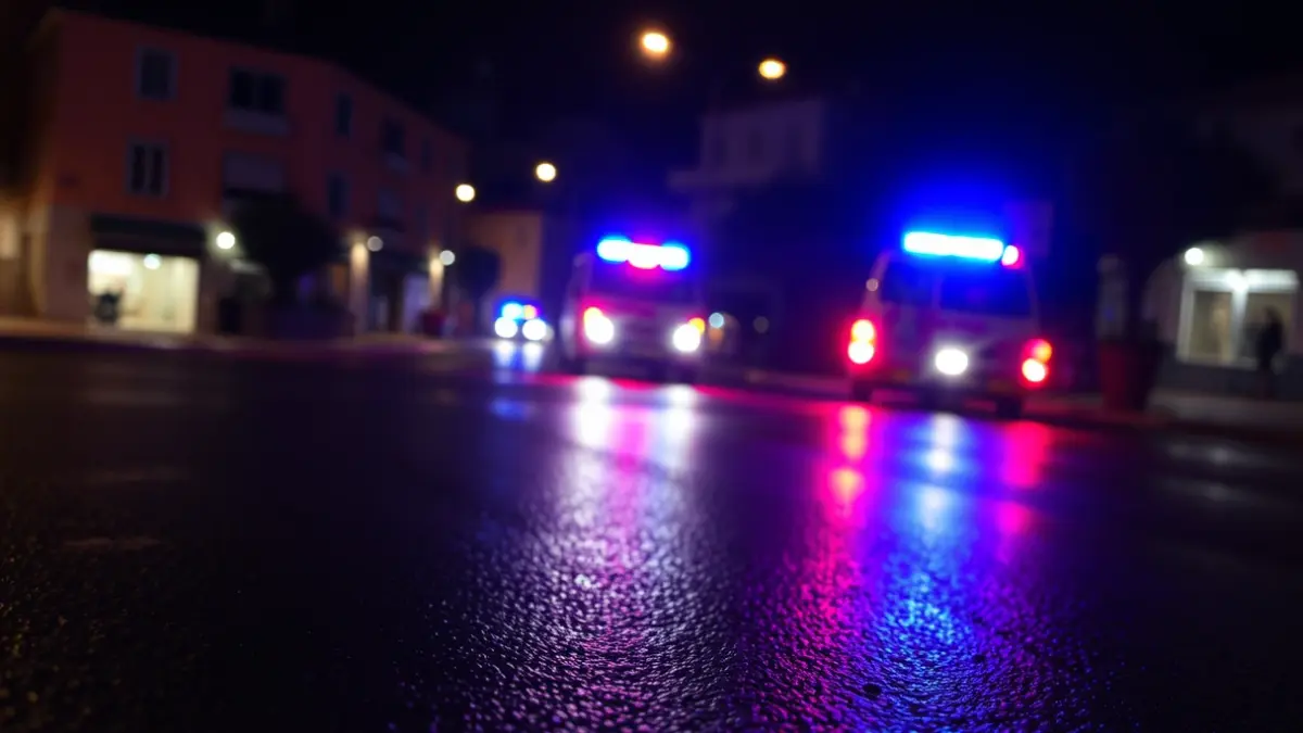 Imagen genérica de luces de emergencia reflejadas en el asfalto mojado durante la noche.