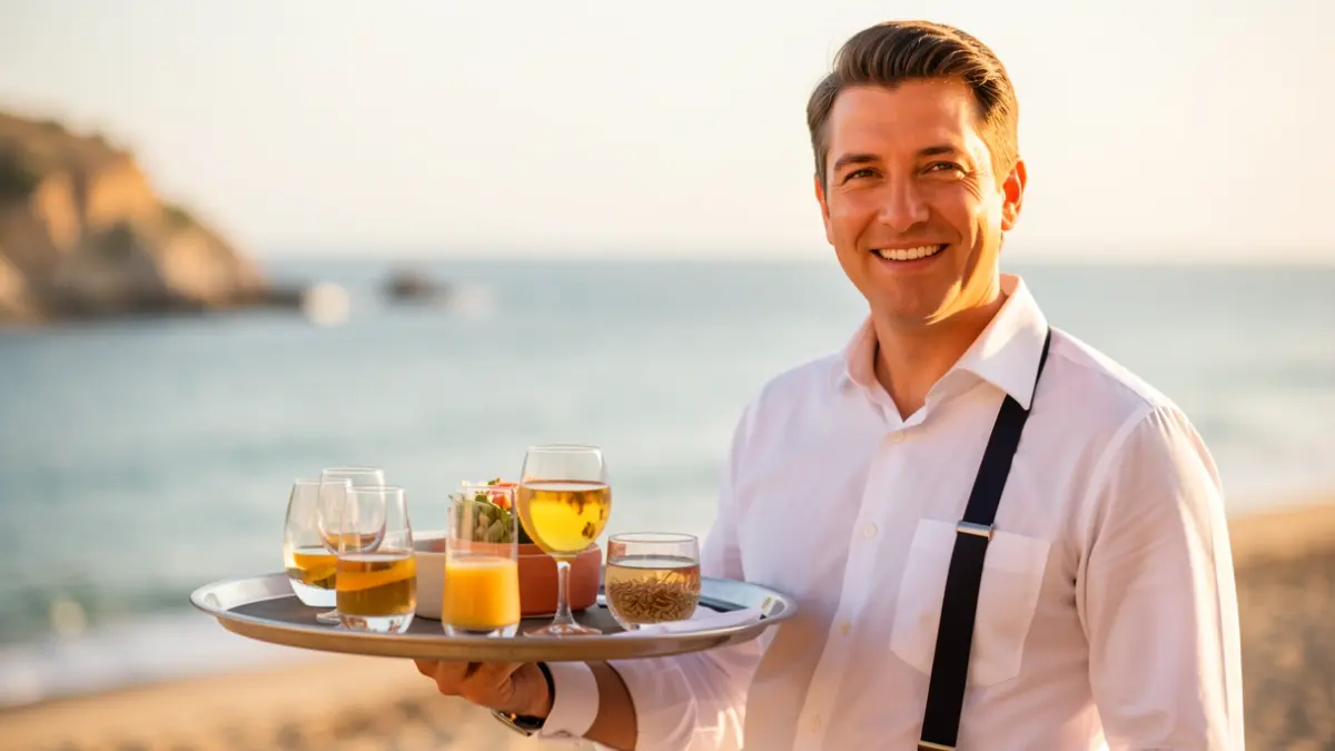 Camarero sonriente en un restaurante de la costa de Chipiona, sirviendo bebidas.