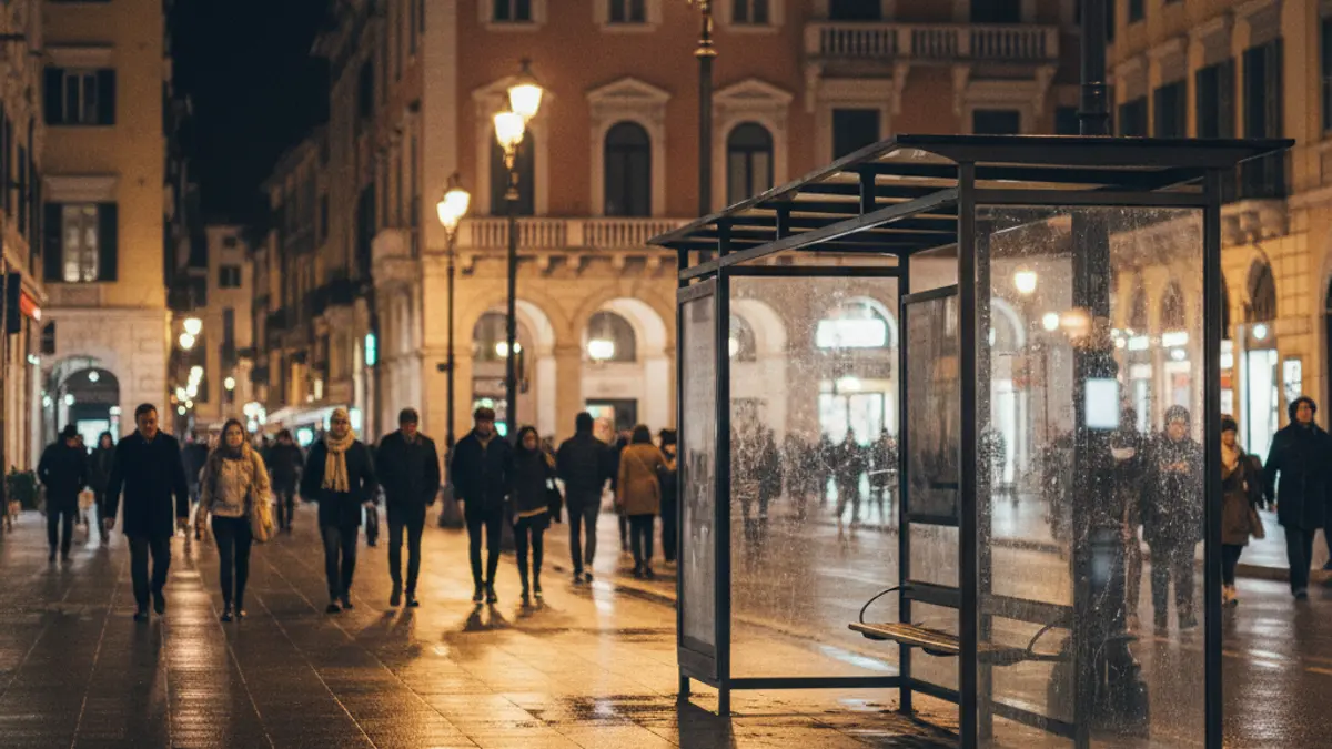 Generic image of a night bus stop in a Mediterranean city.