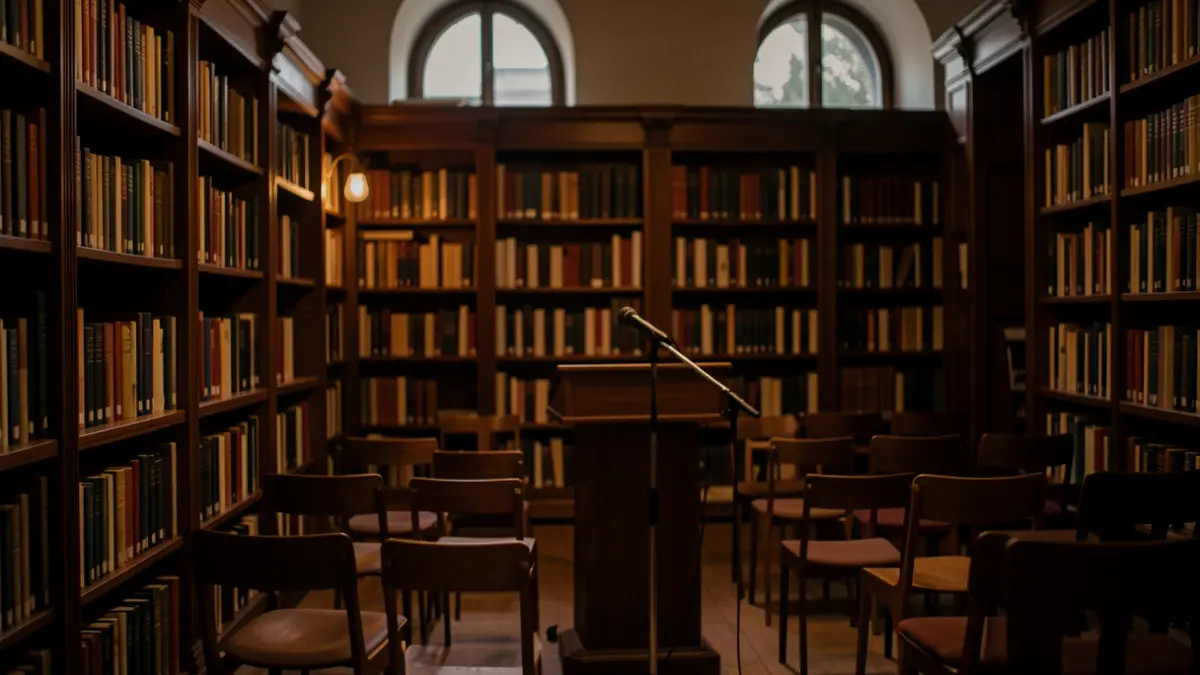 Generic image of a library with a podium and empty chairs.