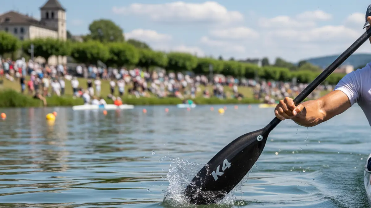Generic image of a canoeing paddle cutting through water during a competition.