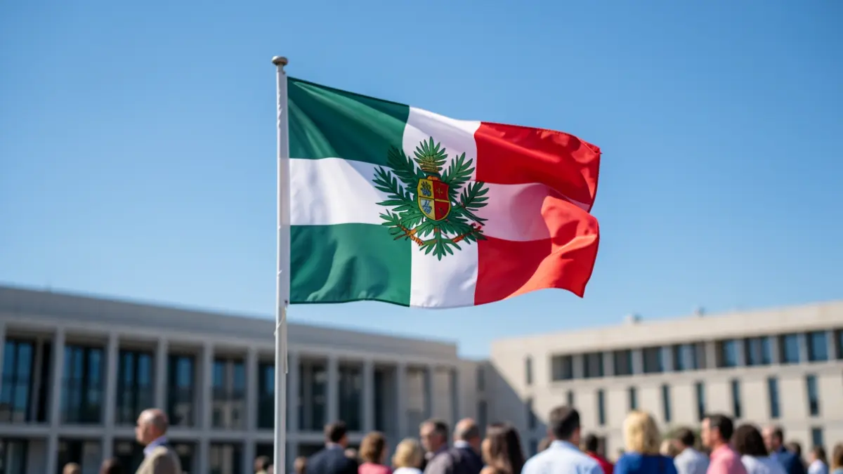 Andalusian flag waving with a blurred government building in the background.