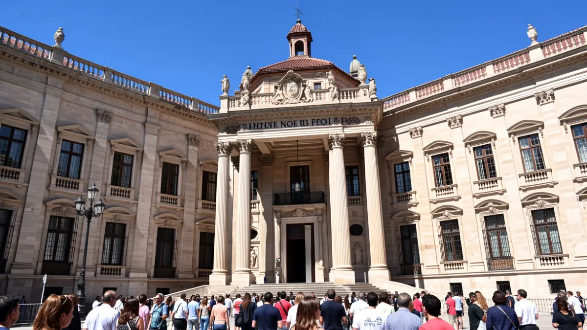 Fachada del Parlamento de Andalucía con detalles ornamentados y luz solar intensa.