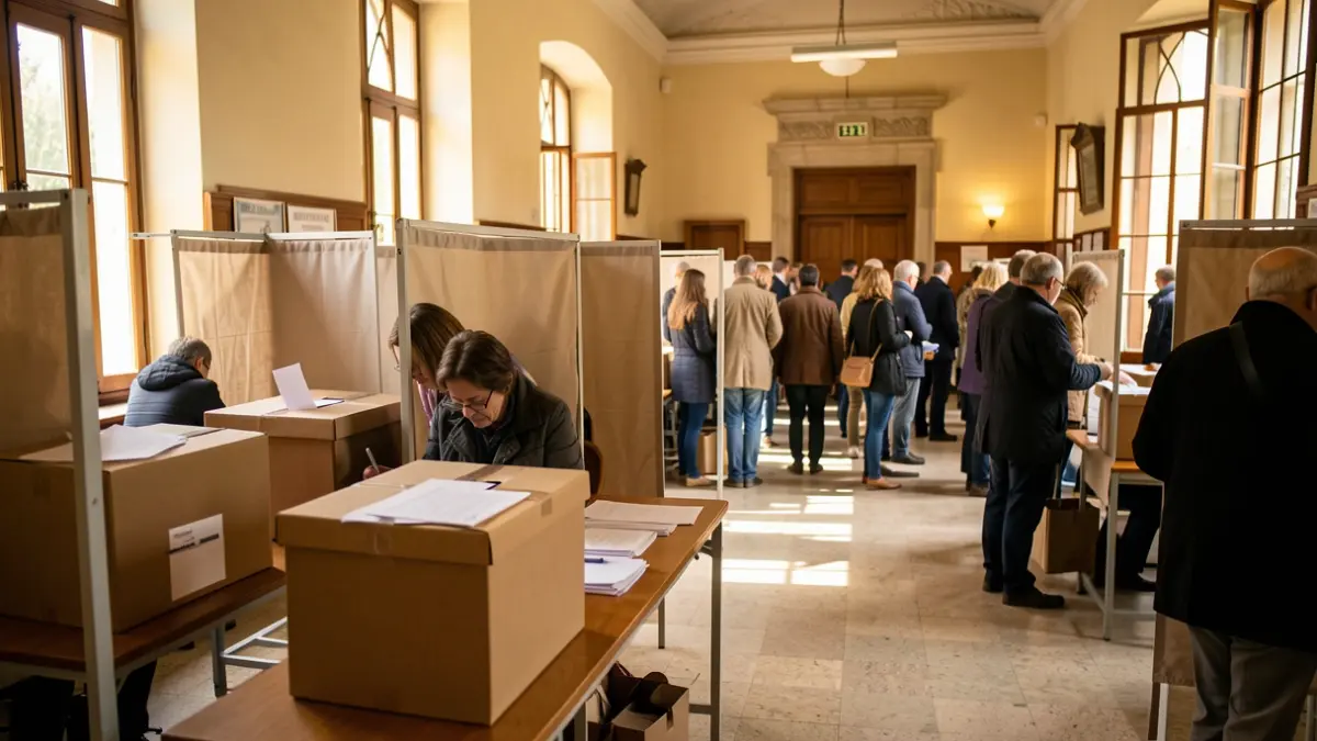Generic image of an Andalusian polling station with ballot boxes and voting booths.