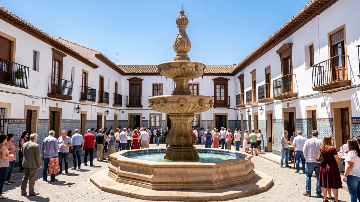 Andalusian square with a central fountain and white buildings under the midday sun.