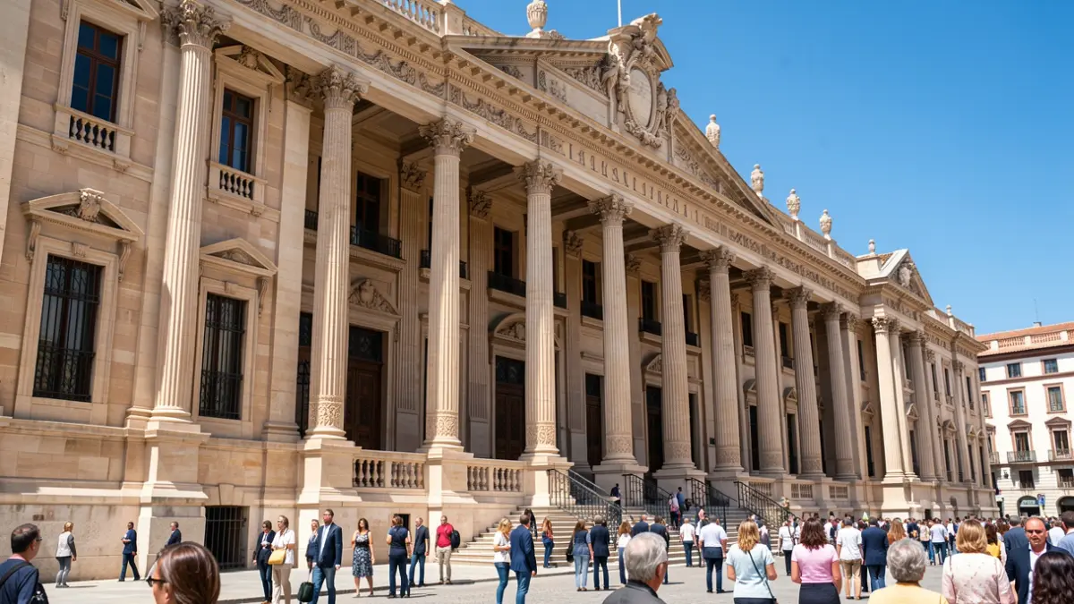 Fachada del Parlamento de Andalucía con columnas y detalles ornamentados, bajo un sol brillante de mediodía.