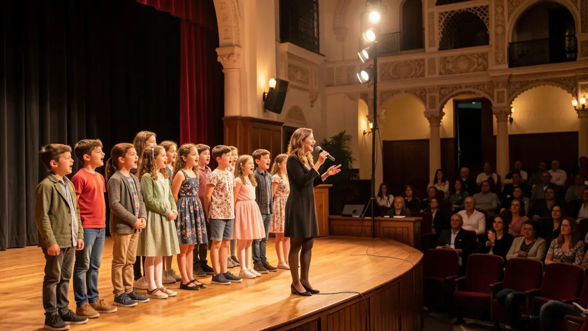 Generic image of students singing with a professional artist on a stage.
