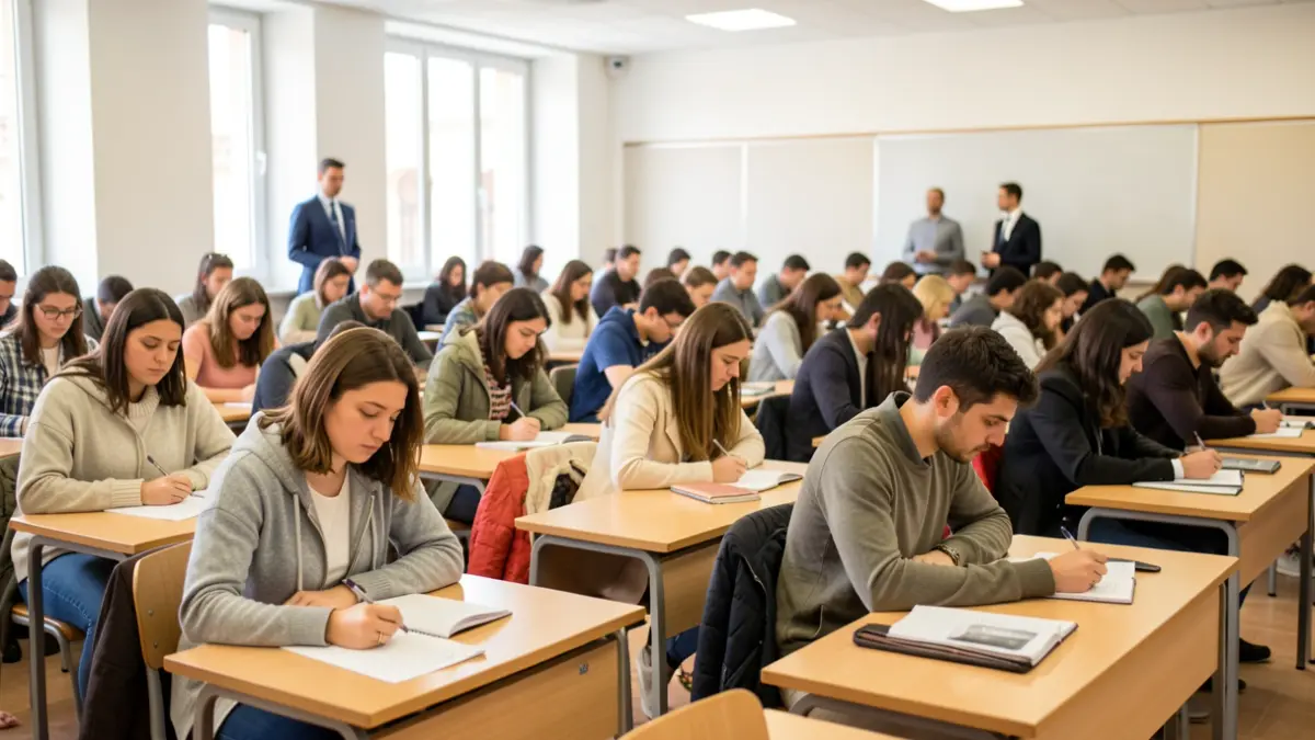 Generic image of students taking exams in university classrooms.
