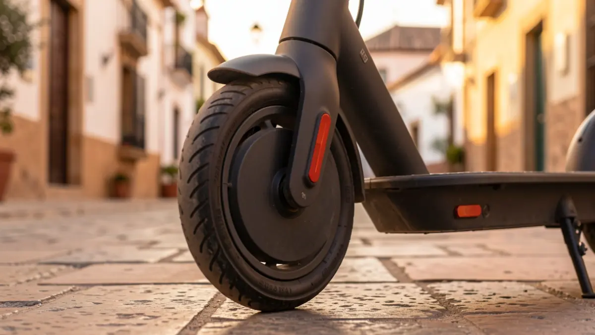 Imagen genérica de una rueda de patinete eléctrico en una acera de piedra andaluza al atardecer.