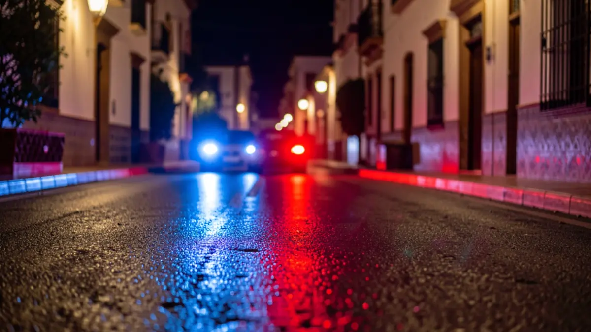 Generic image of police emergency lights reflecting on wet asphalt at night.