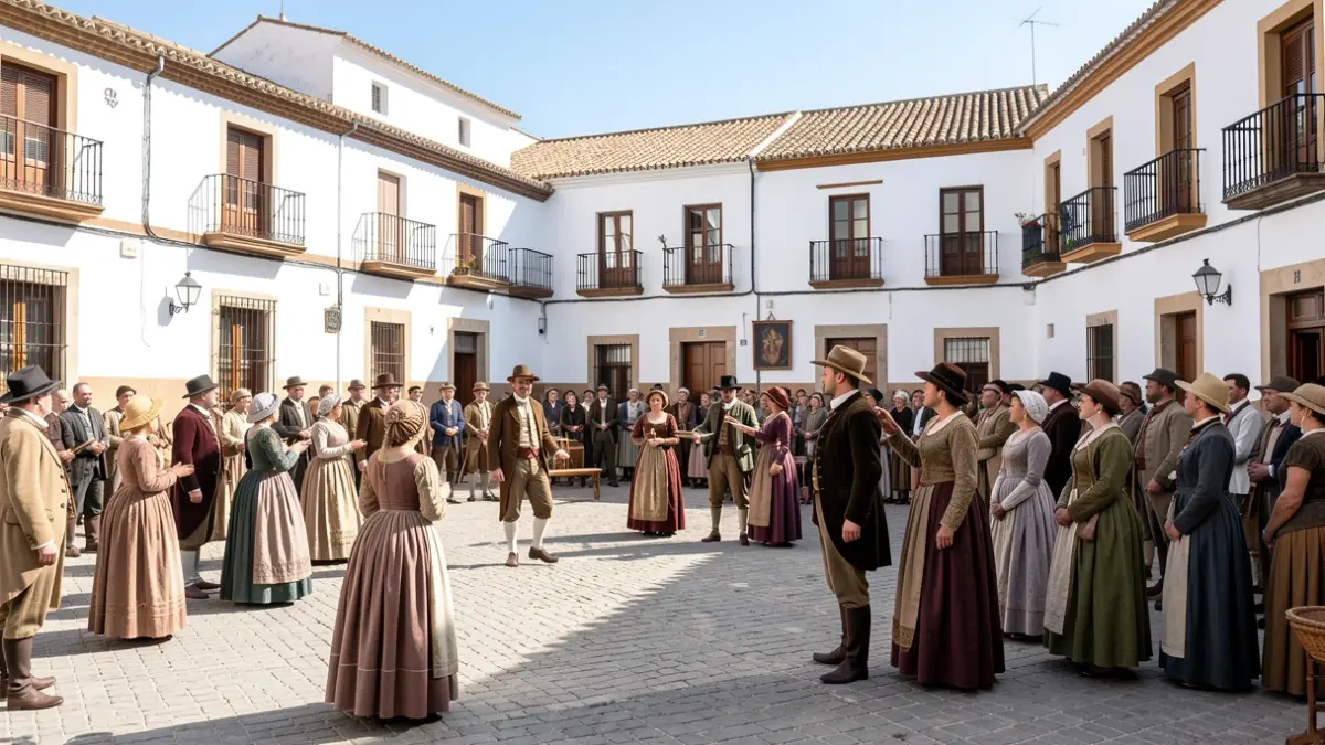 Image of a historical reenactment in an Andalusian town square with people in period costumes.