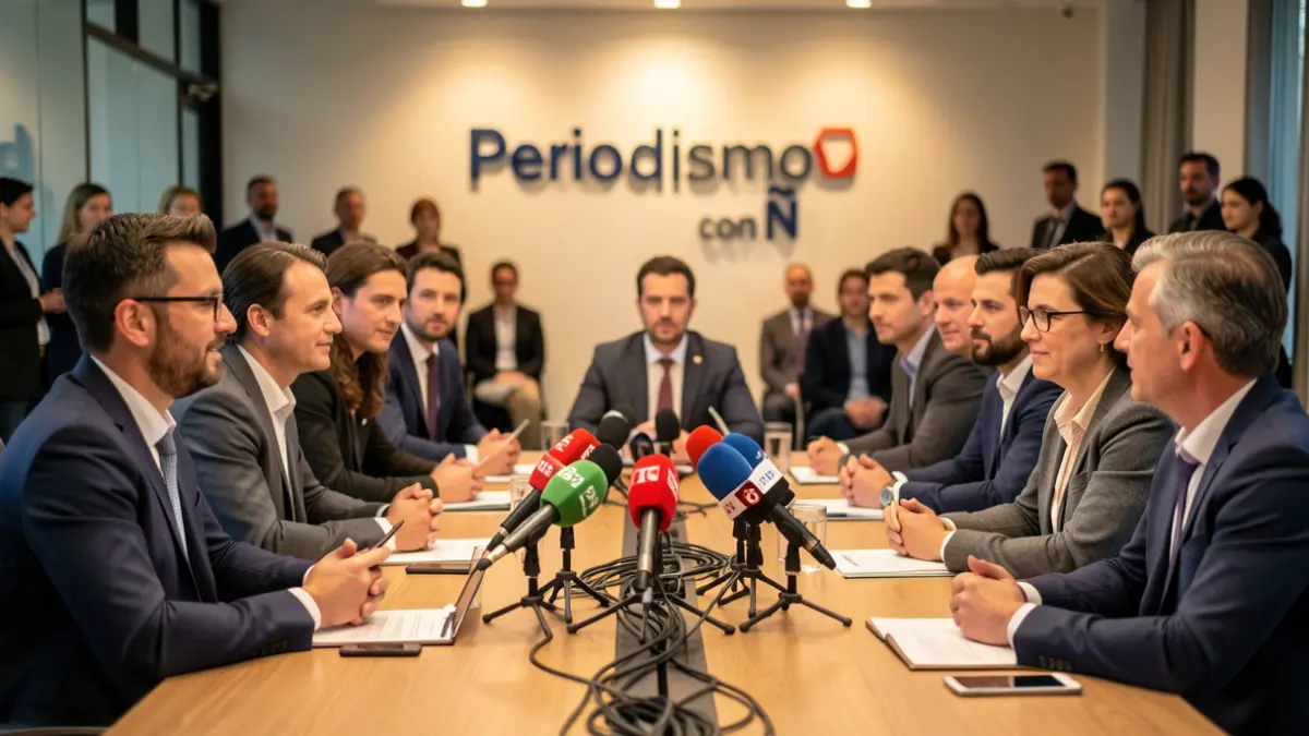 Imagen genérica de una mesa de conferencias con micrófonos y periodistas.
