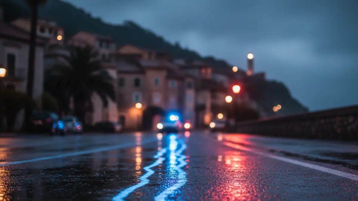 Imagen genérica de luces de emergencia reflejadas en el asfalto mojado.