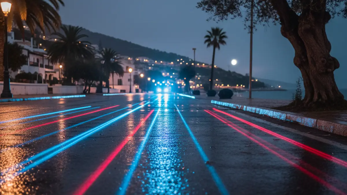 Imagen genérica de luces de emergencia reflejadas en el asfalto mojado por la noche.