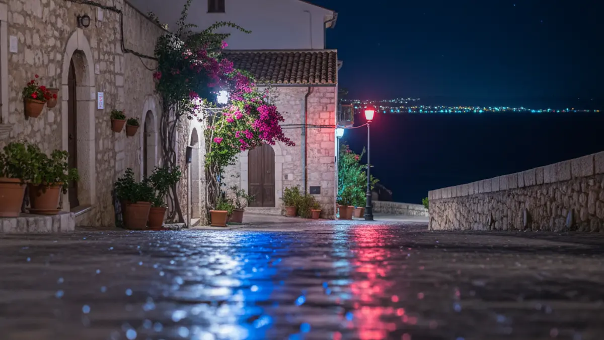 Generic image of emergency lights reflected on wet asphalt at night.