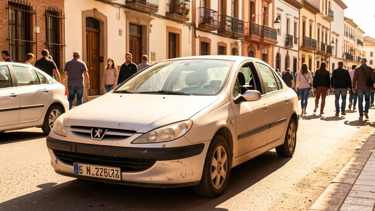Un Peugeot 307 aparcado en una calle soleada de Sevilla, con arquitectura andaluza al fondo.
