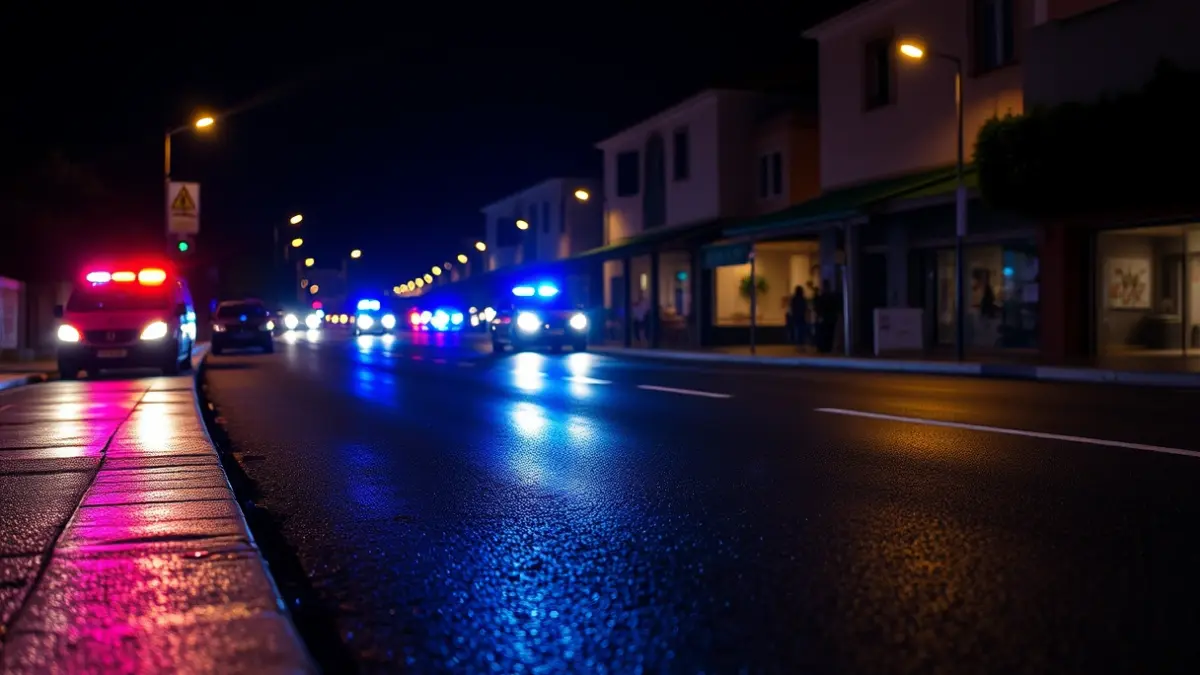 Generic image of emergency lights reflecting on wet asphalt.