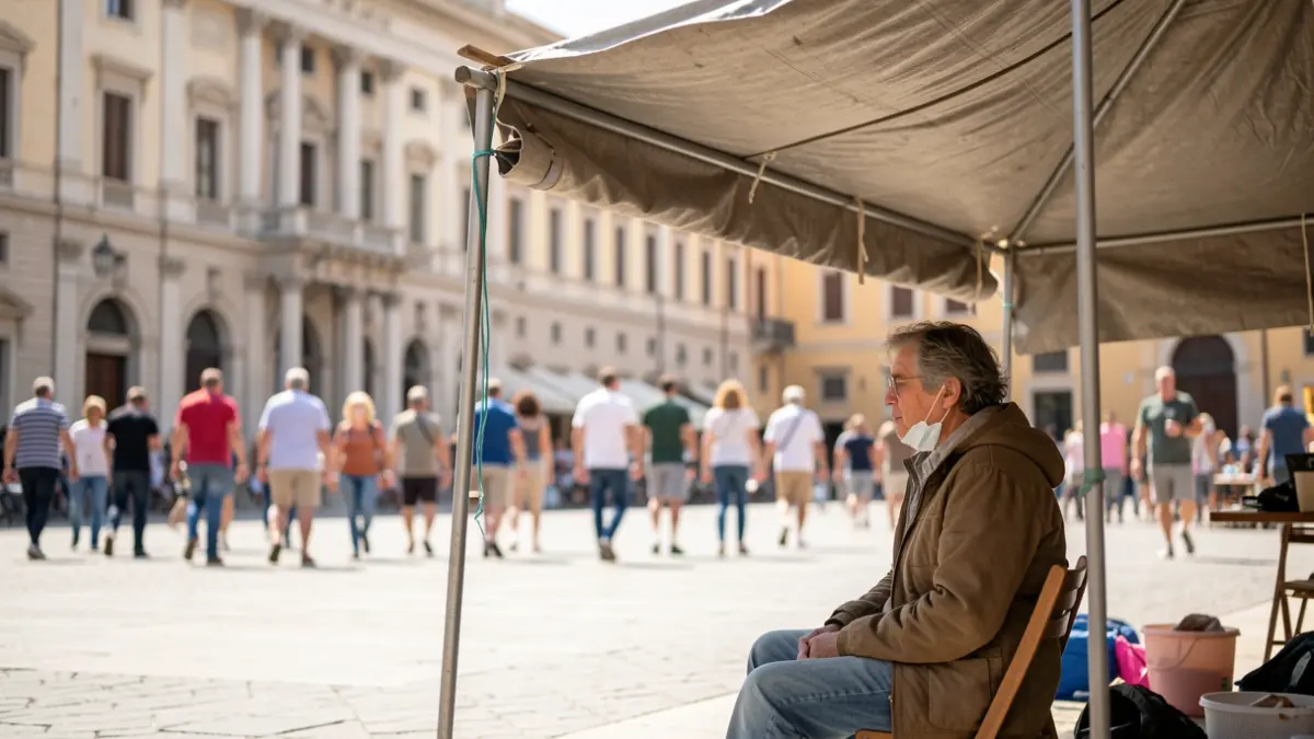 Generic image of a person seeking shelter from the heat in an urban square.