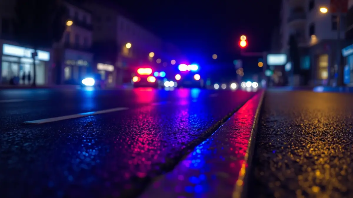 Generic image of emergency lights reflected on wet asphalt.
