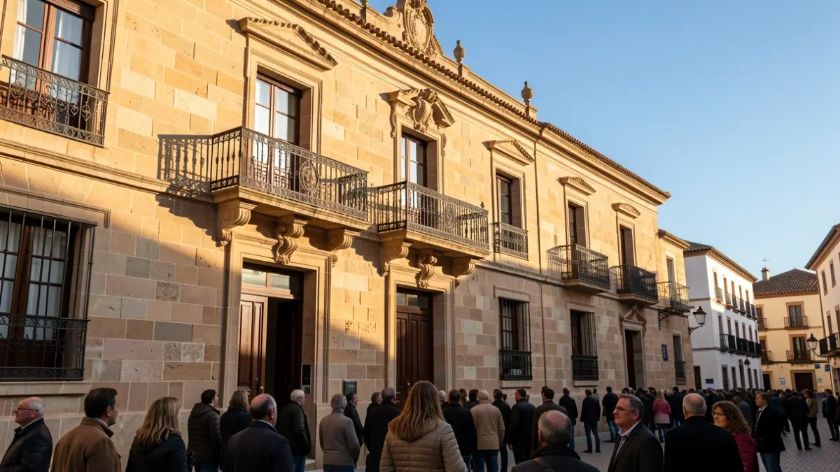 Fachada de un ayuntamiento andaluz con balcón y barandillas de hierro, luz cálida de la tarde.
