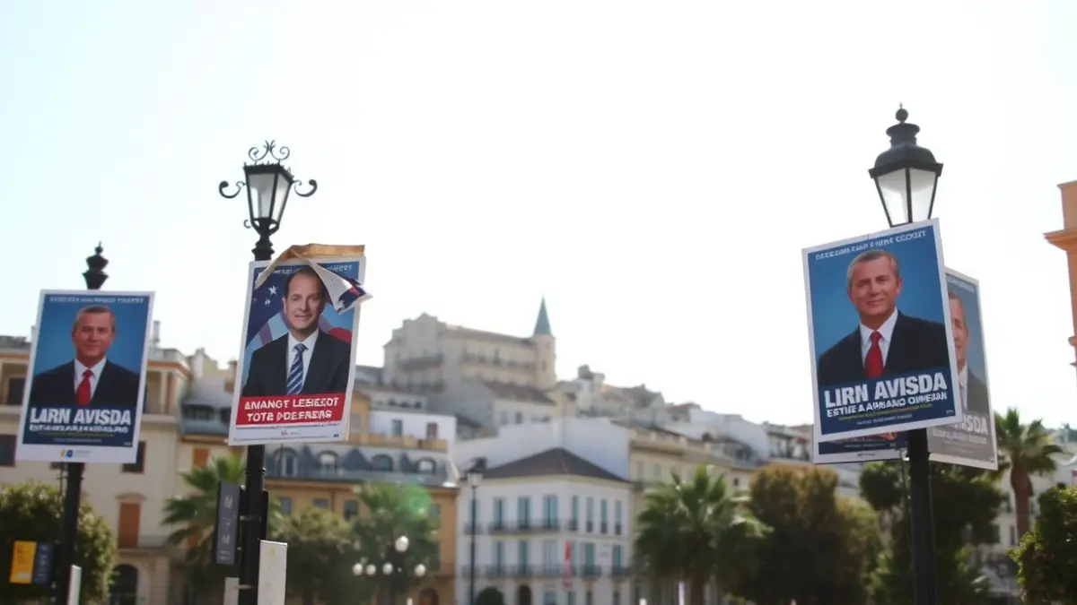 Political campaign posters on lampposts in an Andalusian city, some removed or damaged.