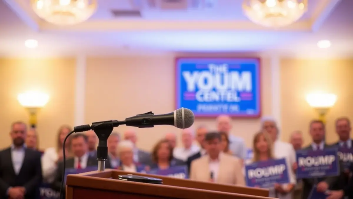 Generic image of a microphone on a podium during a political event.