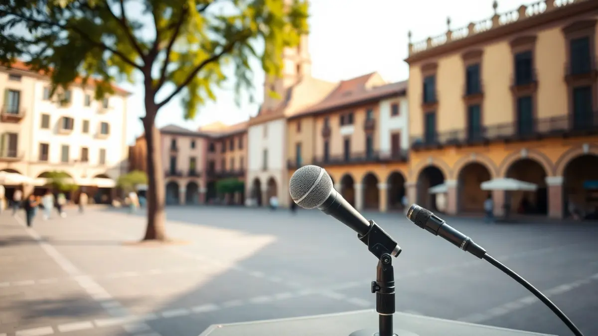 Generic image of a microphone on a podium in a square, ready for a political event.