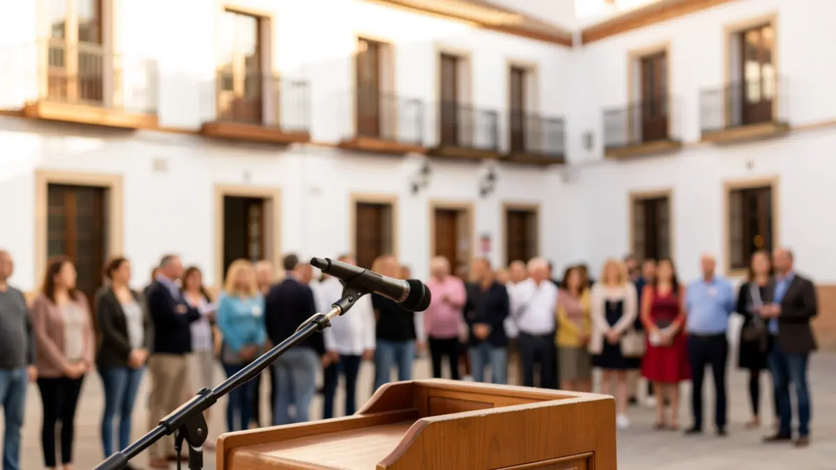 Micrófono en un atril durante un acto político en una plaza de Córdoba.