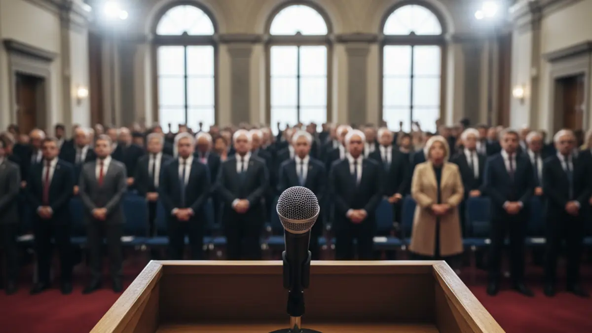 Generic image of a microphone on a podium during a political announcement.