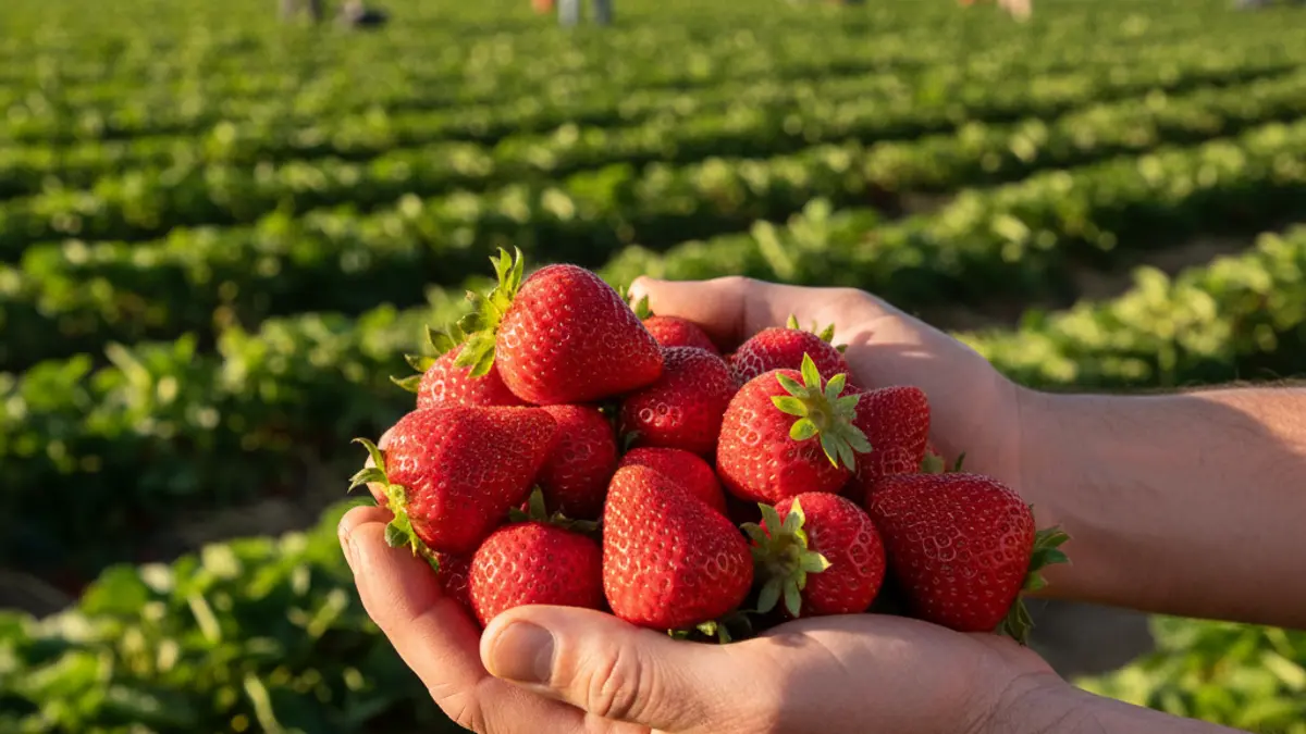 Imagen de manos de un agricultor sosteniendo fresas frescas en un campo.