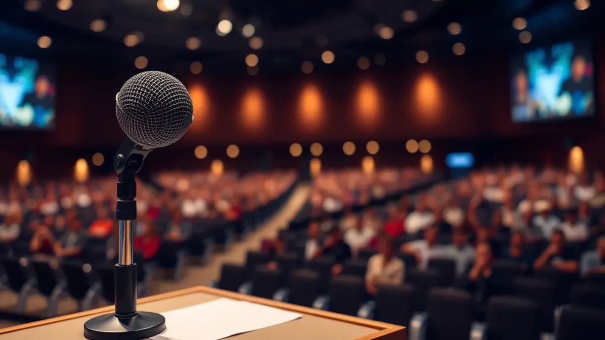 Generic image of a microphone on a podium during a political event.