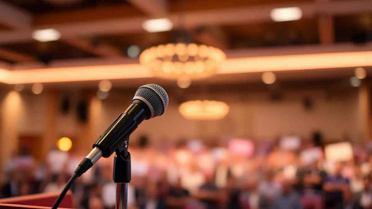 Generic image of a microphone on a podium during a political event.