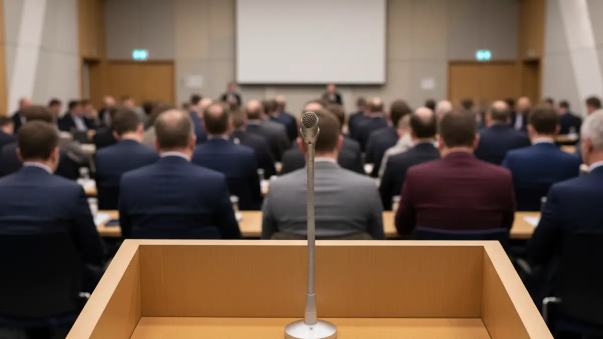 Generic image of a microphone on a podium during a meeting or conference.