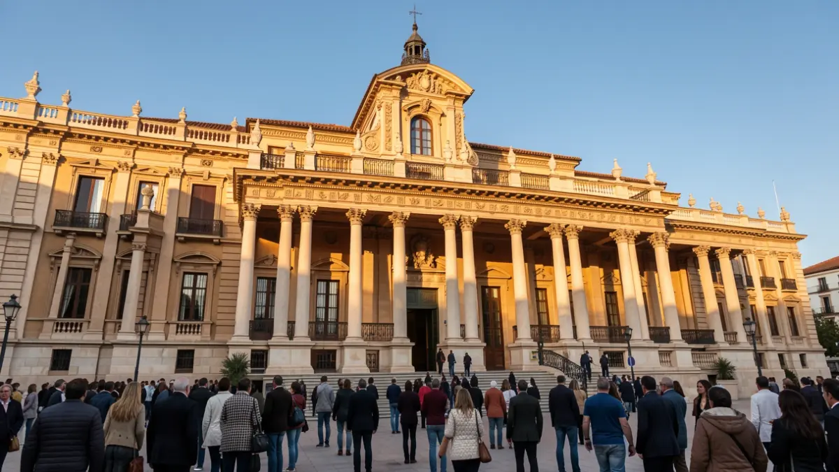 Fachada del Parlamento de Andalucía con columnas y balcones ornamentados, bajo la luz del sol de la tarde.