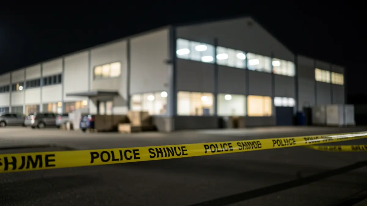Generic image of a police seal at the entrance of an industrial warehouse.