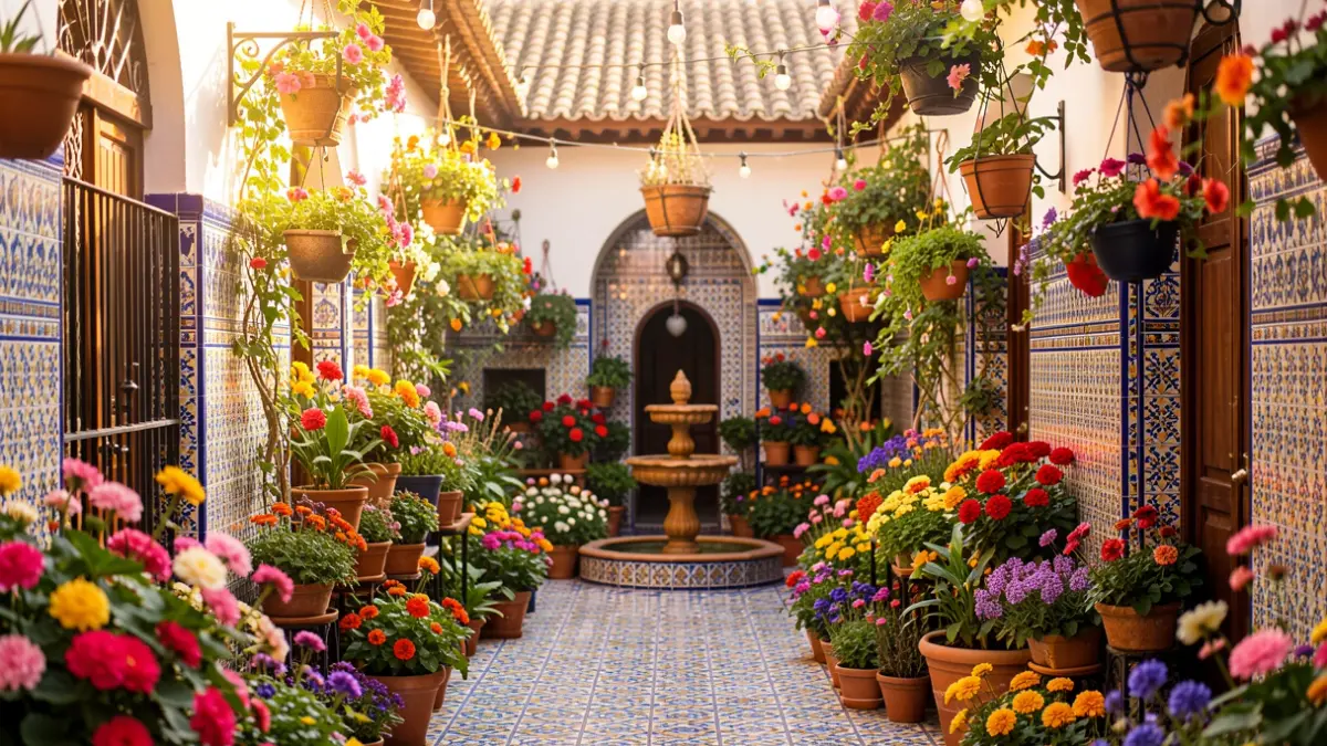 Imagen genérica de un patio andaluz decorado con flores y azulejos.