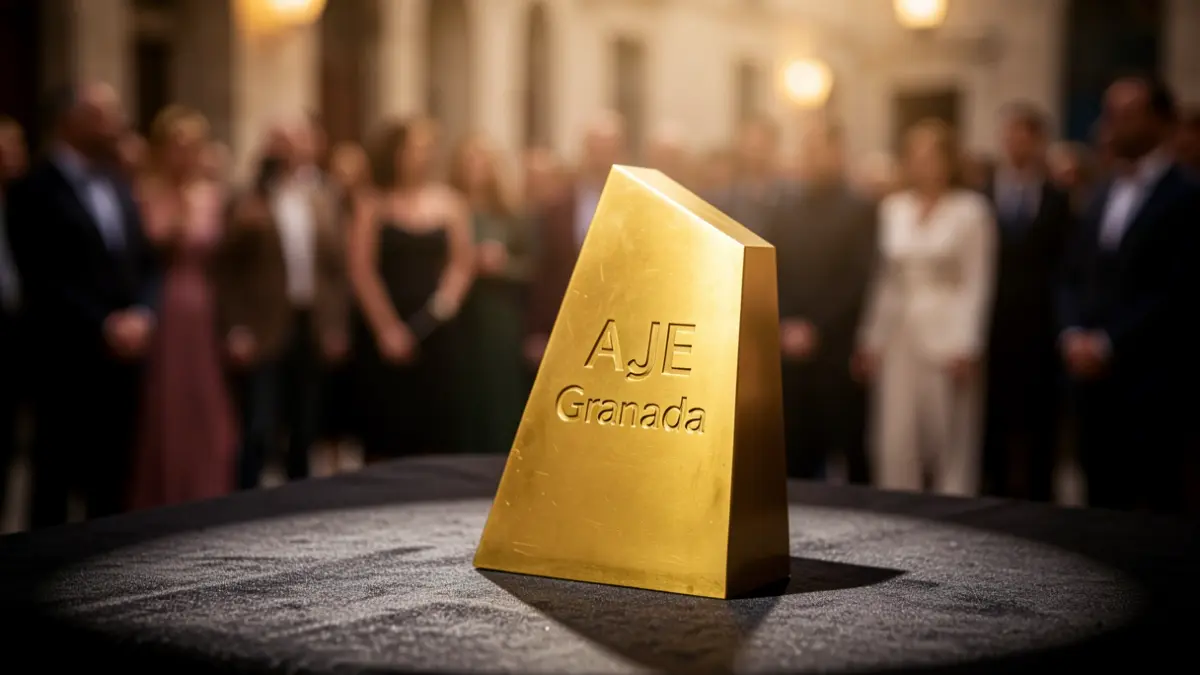 Close-up of a golden trophy with 'AJE Granada' engraving on a dark surface.