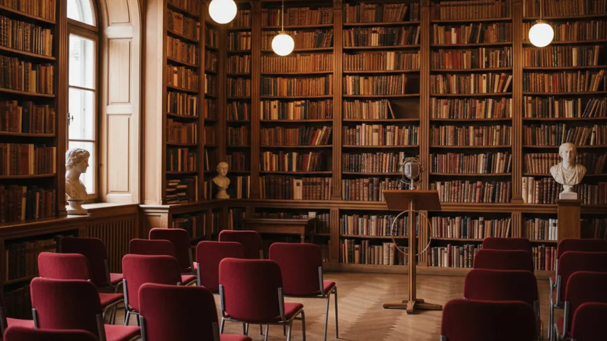 Generic image of a literary presentation room with a microphone and empty chairs.