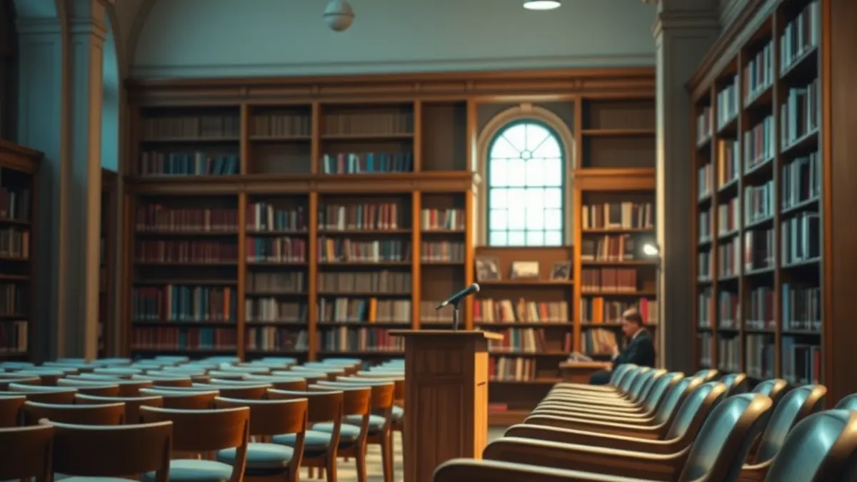 Imagen genérica de una sala de presentación literaria con un micrófono y sillas vacías.