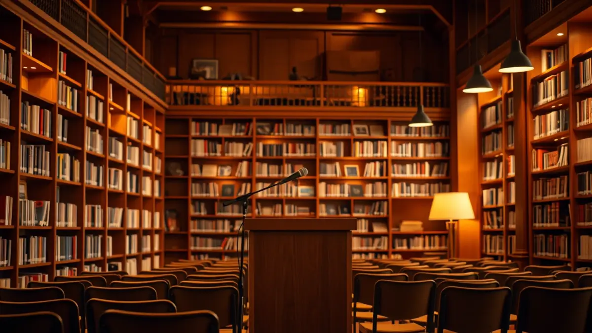 Imagen genérica de una sala de presentación de libros con un micrófono y sillas vacías.